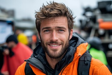 Fototapeta premium A journalist reporting live from an overseas conflict zone, standing in front of a backdrop of international military vehicles and tents