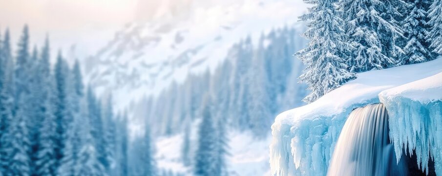 Frozen waterfall nature idea. A serene winter landscape featuring snow-capped mountains and icy waterfalls. - Powered by Adobe