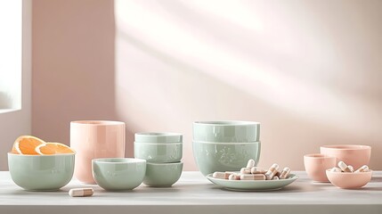 Obraz premium A tranquil composition highlighting a variety of natural supplements and vitamins, set against a backdrop of muted pastel tones. The gentle play of light and shadow creates a peaceful atmosphere,
