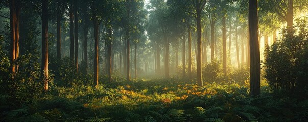 Golden hour forest nature concept. Serene forest scene with sunlight filtering through tall trees and lush ferns thriving below.