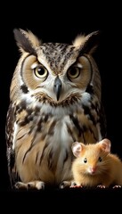 Fototapeta premium Owl and Hamster An Unlikely Pair. A Stunning Wildlife Portrait, Isolated on a Black Background.