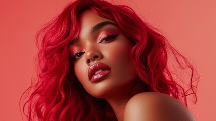 Captivating portrait of a confident woman with luscious red curls and glamorous makeup, showcasing her striking features and bold personality against an eye-catching coral backdrop