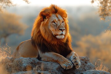 Obraz premium Majestic African Lion Resting on a Rock at Sunset