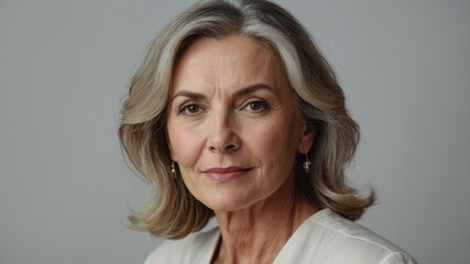 Fototapeta premium Portrait of a confident older woman with shoulder-length gray hair looking directly at the camera against a soft background