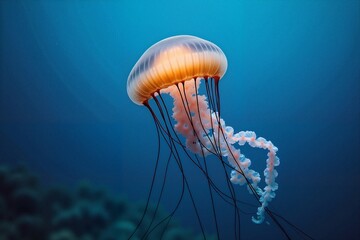 Stunning jellyfish gracefully gliding through deep blue ocean waters, mesmerizing aquatic beauty.