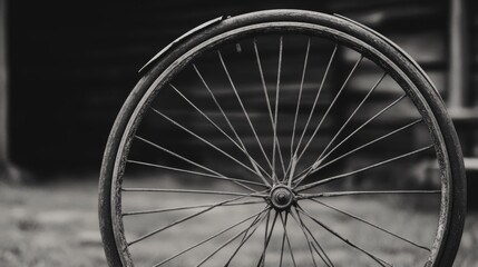 Old rusty bicycle wheel leans against barn