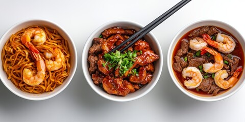Three bowls of delicious chinese food with shrimps, noodles, meat and chopsticks