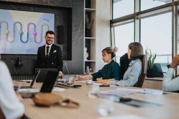 A multicultural group of people conducting a meeting in a modern office setting. They are discussing strategy, collaboration, and teamwork while viewing a presentation on a large screen.