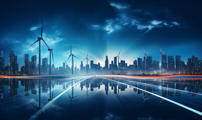 Fototapeta premium Tall wind turbines line the highway as you approach the city. Renewable energy in full development.