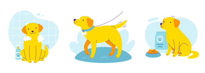 Obraz premium Cute dog care set. Vector cartoon collection scene with labrador.