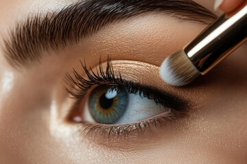 A close-up of a woman's eye being expertly made up with a brush.