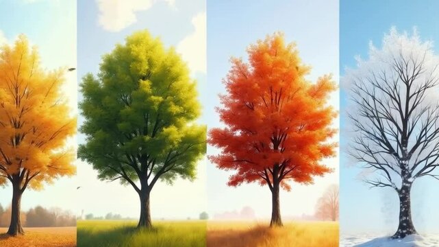 The four seasons in a tree are reflected in the water of a lake. Concept of weather changing and cycle