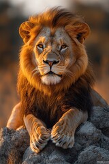 Obraz premium Majestic African Lion Resting on Rocks at Sunset