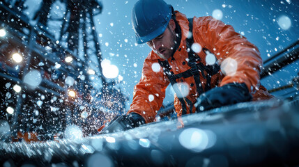 worker in orange raincoat and helmet conducts equipment maintenance on oil rig, surrounded by splashes of water droplets