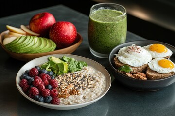 Healthy breakfast spread featuring oatmeal, poached eggs, fruit, and a green smoothie served on a table