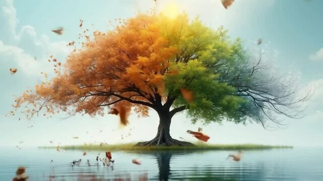 The four seasons in a tree are reflected in the water of a lake. Concept of weather changing and cycle