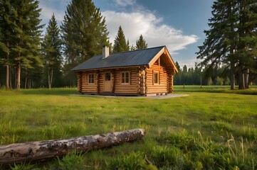 Obraz premium Small wooden log cabin in a grassy field surrounded by trees and nature in a tranquil rural landscape.