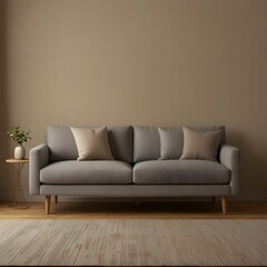 Naklejka premium A beige fabric sofa with a set of decorative pillows, placed against a neutral-toned wall, giving the living room a warm and inviting atmosphere.