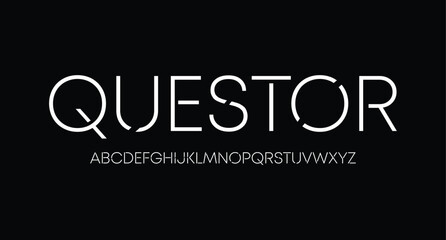 Tech font, digital alphabet, thin Latin letters A, B, C, D, E, F, G, H, I, J, K, L, M, N, O, P, Q, R, S, T, U, V, W, X, Y, Z and Arab numerals 0, 1, 2, 3, 4, 5, 6, 7, 8, 9, vector illustration 10EPS
