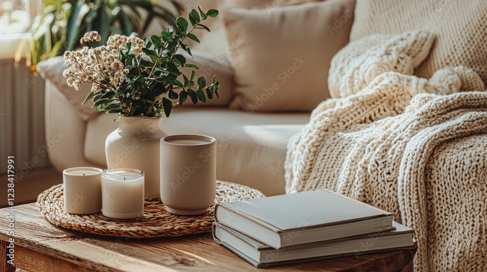 Poster a serene space adorned with a textured knitted blanket, soft candles, and a stylish vase filled with