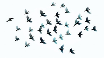 Fototapeta premium A Stunning Flock of Birds in Flight Captured in a Serene Sky Background with Calming Blue Tones and Dynamic Movement