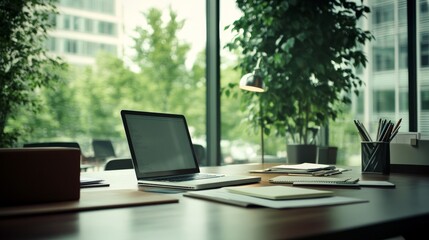 Fototapeta premium business meeting scene, laptop-focused composition, organic desk elements, diffused window lighting, corporate lifestyle photography, quiet productivity moment, neutral color story, environmental