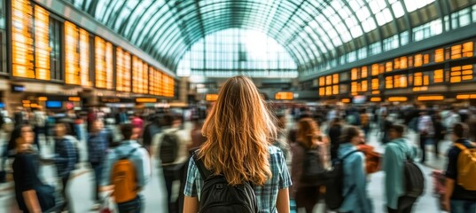 Obraz premium Young Woman with Backpack Walking Through a Busy Transportation Hub, Travel and Commute Concept.