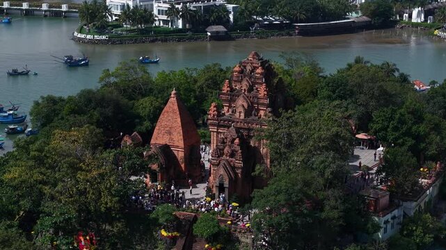 Drone Footage of Nha Trang City and Cham Towers in Vietnam