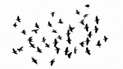 Obraz premium Flock of Black Birds in Flight Against a White Background Captured in Stunning Detail for Nature and Wildlife Collection