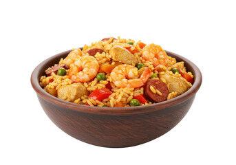 Jambalaya rice food on bowl isolated on white background, front angled view, no depth of field, sharp