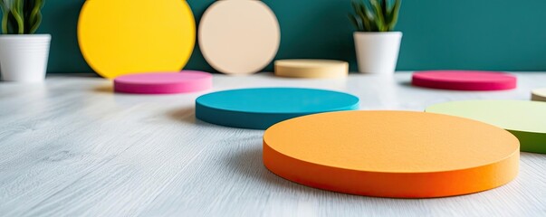 Fototapeta premium Networking event concept. Colorful circular shapes on a modern surface with plants in the background.