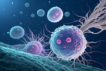 A vibrant microscopic view of cells with intricate details, showcasing their unique structures and biological features against a dark background.