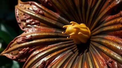 A close-up of a Rafflesia and tropical flora, with tiny insects. The image is rendered in a dark, unsettling style with a cast bronze surface, antique patina finish, and harsh direct shadows.
