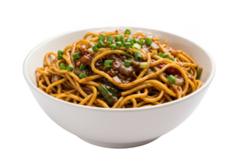 Manchurian noodles on bowl isolated on white background, front angled view, no depth of field, sharp