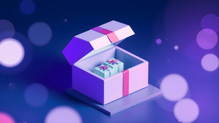 Cute isometric 3D image of 3D cute gift box, open lid, gift boxes inside, dark background, dramatic lighting and light particles, blue & purple hues. Generative AI