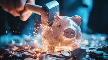 Hammer smashing piggy bank on coins.