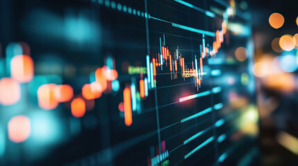 A stock market chart showcases fluctuating trends and vibrant colors on a computer screen, illustrating market activity and investment opportunities during trading hours