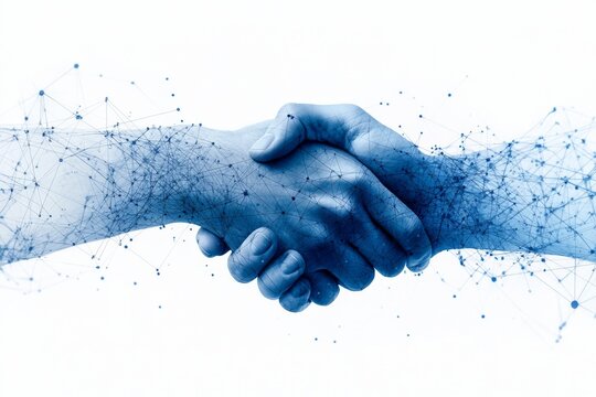 A sleek outline of a handshake, symbolizing an introductory meeting, with a gradient background transitioning from soft blue to white