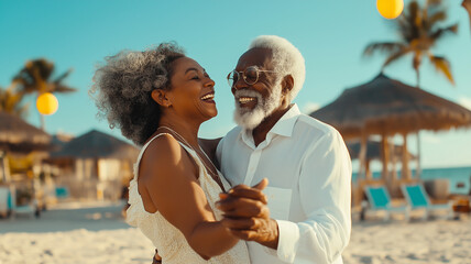 A couple of older people are dancing on a beach