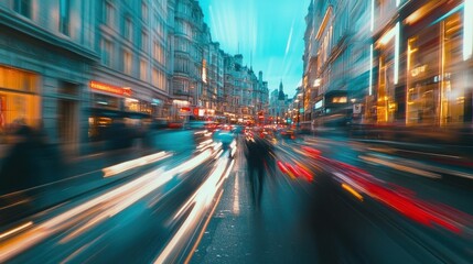 Obraz premium Blurred city street at night with people walking and cars driving.