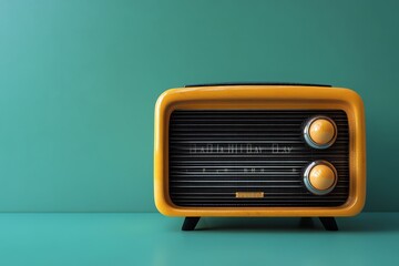 Fototapeta premium Retro Yellow Radio On Teal Background, Vintage Style.