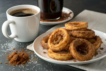 A cozy coffee setting featuring a plate of delicious cinnamon-covered donuts beside a steaming cup of coffee.