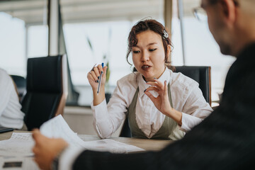 A group of diverse business people actively participating in a meeting, discussing ideas and...