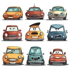 Naklejka premium Nine cartoon cars with various expressions. (1)
