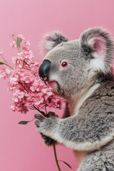 Fototapeta premium Koala with Pink Flowers - A Sweet Encounter