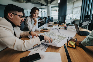 Team of business professionals discussing and strategizing on an urban development project in a...