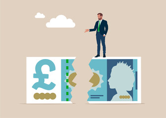 The pound sterling banknote is torn. Young businessman in heavy at financial chasm. Lose investment in financial crisis, profit and loss in business or deflation and inflation. Concept business vector