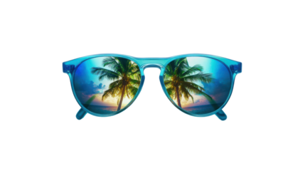 Blue sunglasses reflecting palm trees and tropical beach at sunset on transparent background