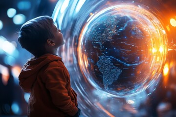 A vibrant 3D-rendered scene of a professor introducing students to a massive digital globe, with holographic overlays showing continents and data points