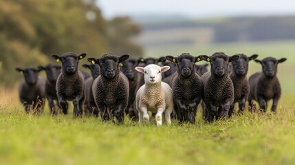 Fototapeta premium One White Sheep Leading a Flock of Black Sheep: A Pastoral Scene